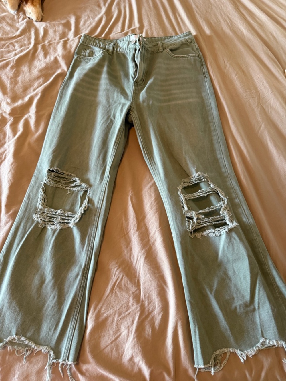 High-Rise Sage Green Flare Jeans with Distressed Knees
